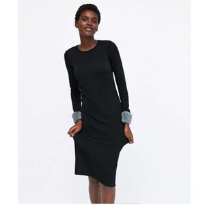 ZARA black bodycon knit midi dress fur cuff sleeve detail medium